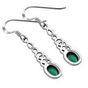 Green Agate Celtic Silver Long Drop Dangle Hook Earrings - e311